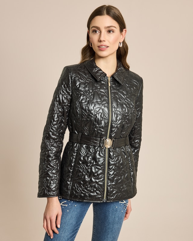 Jacke mit Blumensteppung und Gürtel