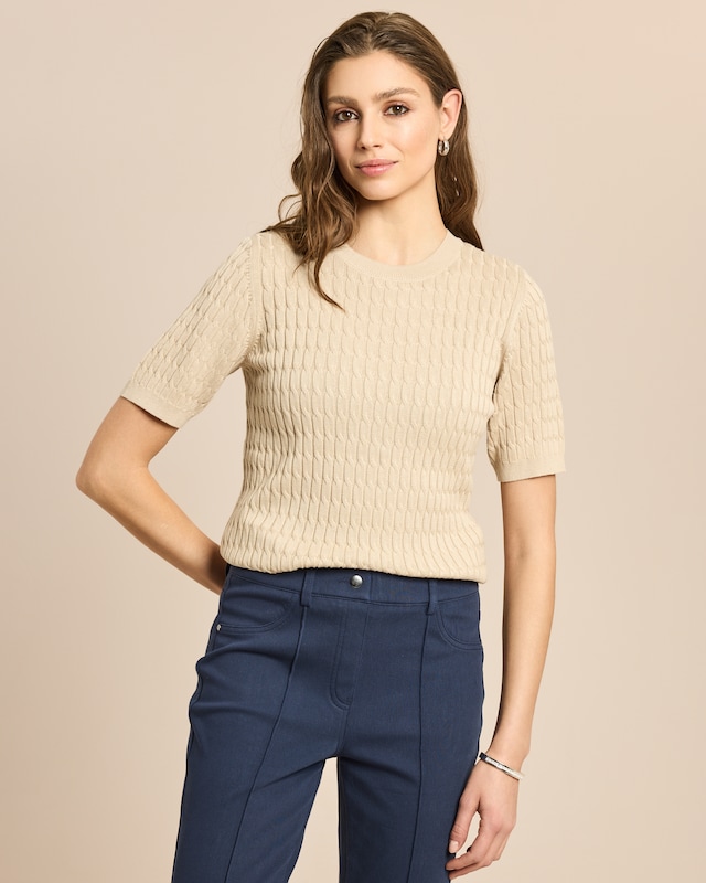 Feinstrick Zopf-Pullover Halbaarm